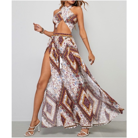 Boho Floral Print Tropical Crop Top Maxi Skirt Set